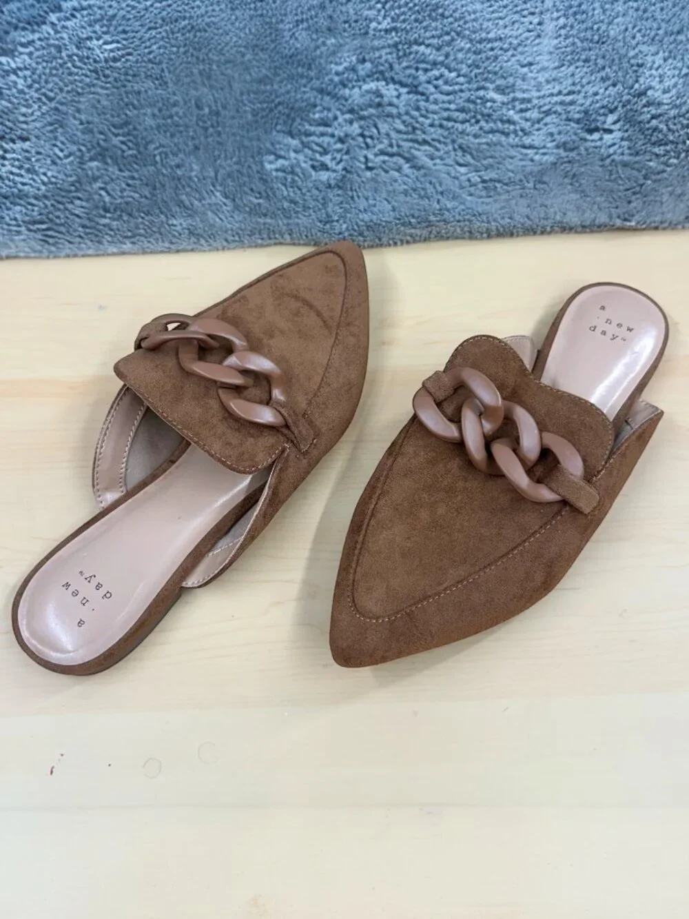 A New Day Faux Suede Mules Brown Pointed Toe Slides with Chain Accent‎ NWOT